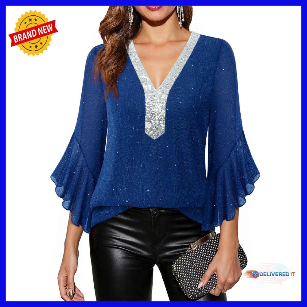 Sparkly Sequin V-Neck 3/4 Sleeve Ruffle Blouse Dressy Top